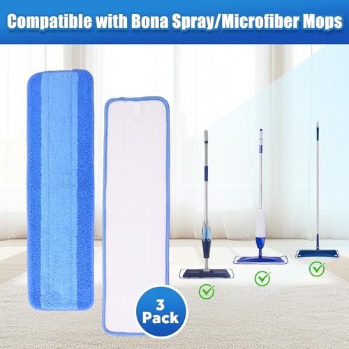 3 Pack Microfiber Cleaning Pads Compatible with Bona Mop Spray Mop Replacement Pad 18 Inch, Machine Washable Reusable, Hardwood & Hard Surface Floors, Clean Pet Hair & Dust