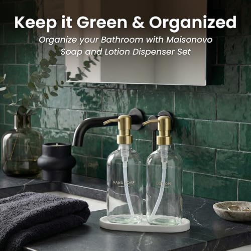 MaisoNovo Bathroom Soap Dispenser Set- Soap and Lotion Dispenser Set with Clear Soap Dispenser, Gold Pumps & Concrete Tray - color: Clear Bottles/ Golden Pumps/ White Concrete Tray