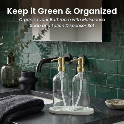 MaisoNovo Bathroom Soap Dispenser Set- Soap and Lotion Dispenser Set with Clear Soap Dispenser, Gold Pumps & Concrete Tray - color: Clear Bottles/ Golden Pumps/ White Concrete Tray