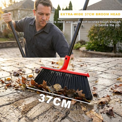 Large Angle Brooms Indoor Outdoor Broom with Long Handle Stiff Bristle Sweeper for Kitchen Garage Deck Courtyard Lobby Patio Lawn Leaves (Red) - color: Red
