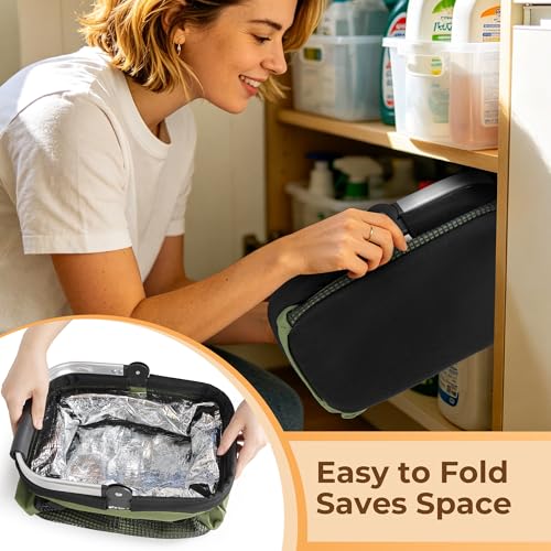 PGmoon Foldable Cleaning Caddy, Cleaning Supply Organizer Bag with Rotate Handle, Easy Clean Liner & Multi-Pockets, Portable Small Cleaning Tote for Kitchen Cleaning Supplies, Products, Housekeepers