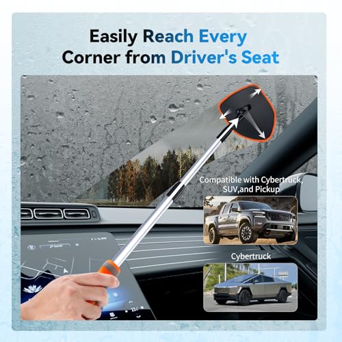 XINDELL Windshield Cleaner Tool, Car Window Cleaning Kit with 4 Reusable Microfiber Pads, Extendable Handle & 360° Rotating Head, Safety Hammer, Streak-Free Auto Glass Wiper for Car Truck SUV RV - color: Orange