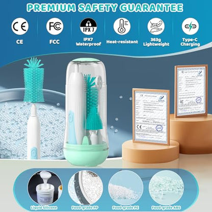 IvyWind Electric Travel Baby Bottle Brush Set with Storage Box, Automatic Bottle Cleaner Brush Kit with Silicone Bottle/Nipple/Straw Brush, Milk Frother Electric and Drainage Rack, Rechargeable, Green - color: Green