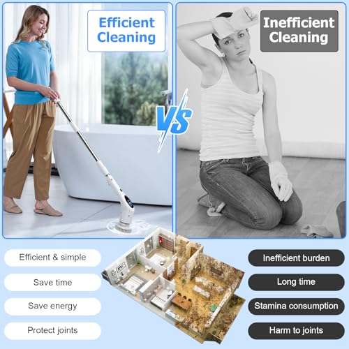 Electric Spin Scrubber, Cordless 3 Speeds Cleaning Brush 430 RPM, Adjustable/Detachable Long Handle, Shower Scrubber for Bathroom, Car, Floor, Shower Cleaning Brush with 9 Replaceable Brushes (White)