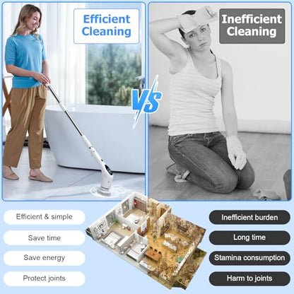 Electric Spin Scrubber, Cordless 3 Speeds Cleaning Brush 430 RPM, Adjustable/Detachable Long Handle, Shower Scrubber for Bathroom, Car, Floor, Shower Cleaning Brush with 9 Replaceable Brushes (White)