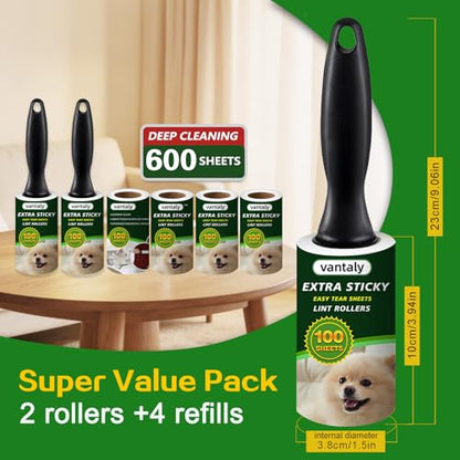 Lint Rollers for Pet Hair Extra Sticky, 600 Sheets Value Set Lint Roller with 2 Upgraded Handles, 6 Rollers Portable Pet Lint Remover for Clothes, Furniture, Carpet, Dog & Cat Hair Removal - size: 6 pcs - 600 Sheets
