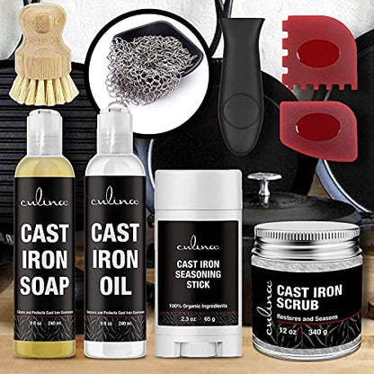 Culina Cast Iron Soap stick Conditioning Oil Stainless Scrubber Restoring Scrub brush handle and scrapers |All Natural Ingredients |for Cast Iron Cookware with handle and scrappers colors may vary