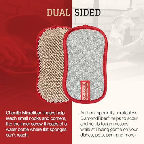 CAMPANELLI Premium Dual-Sided Dish Sponge | Chenille Microfiber & DiamondFiber Scrubber, Washable Reusable Sponges for Dishes Pots & Pans, Ergonomic Grip | 3 Pack - Taupe Gray Red