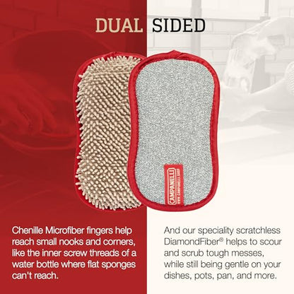 CAMPANELLI Premium Dual-Sided Dish Sponge | Chenille Microfiber & DiamondFiber Scrubber, Washable Reusable Sponges for Dishes Pots & Pans, Ergonomic Grip | 3 Pack - Taupe Gray Red