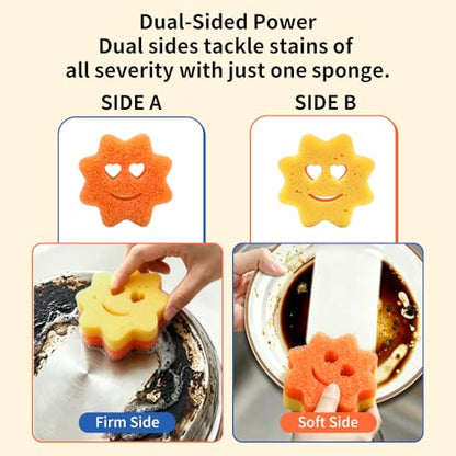 8 Pack Scrub Sponges, BIH Smile Dual-Sided Dish Sponge, 2 Shapes Temperature Sensitive Non Scratch Kitchen Sponges for Kitchen, Bathroom, Windows & All Household Surfaces, Stain & Odor Resistant