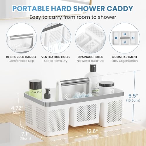 BYUNER 2Pack Plastic Shower Caddy: Portable Shower & Bathroom Caddy Tote with Handle, 4 Divided Compartments, Hard Plastic Shower Basket with All-Side Drainage for College Dorm Room Essentials - color: 2pc White/Silver