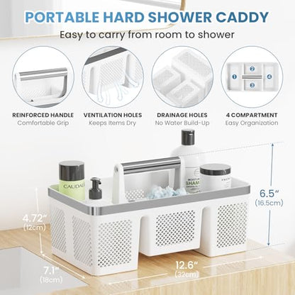 BYUNER 2Pack Plastic Shower Caddy: Portable Shower & Bathroom Caddy Tote with Handle, 4 Divided Compartments, Hard Plastic Shower Basket with All-Side Drainage for College Dorm Room Essentials - color: 2pc White/Silver