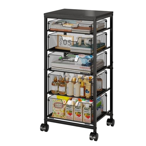 Sbanmao Utility Cart with 5 Drawers, Rolling Storage Cart with Wooden Tabletop and Lockable Wheels, Storage Drawer Cart with Drawers, Craft Cart for Bedroom, Classroom, Home, Office,Black - color: Black, size: 5 Drawers