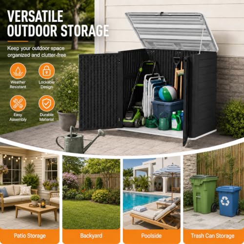 ADDOK 38 Cu.Ft Outdoor Storage Shed with Floor,Large Waterproof Resin Storage Cabinet with Lift-Up Lid,Double Doors and Lockable Design for Lawn Mower,Garden Tools, Patio,Backyard and Pool Supplies - size: Black 38 Cu.Ft
