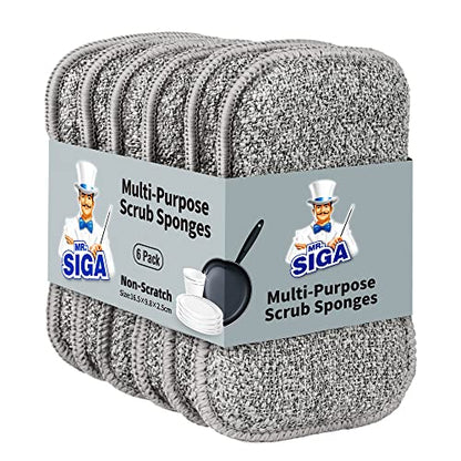 MR.SIGA Dual-Sided Scrub Sponges, Long lasting, Reusable Dishwashing Sponges for Kitchen, 6 Pack