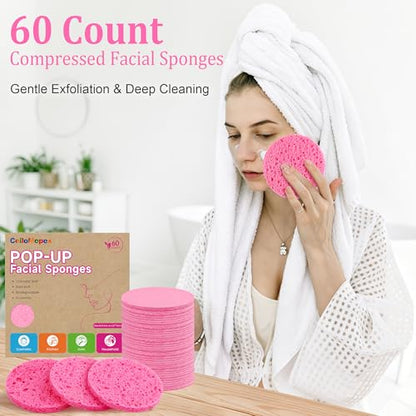 3.15in Large Compressed Facial Sponges 60 Pcs, 100% Natural Cellulose Face Sponges for Cleansing, Gentle Exfoliating, Makeup & Mask Removal, Spa Skincare, Travel Essentials for Women (Pink, Reusable) - color: Pink