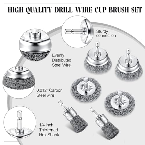 Bokon 24 Pcs Wire Brush for Drill Carbon Steel Wire Wheel and Pen Brush Set with 1/4-inch Hex Shank Wires Brushes Drill Attachments for Cleaning Rust Removal Scrub Surfaces Abrasive