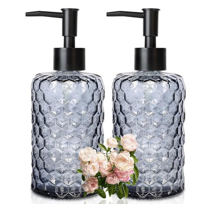 Clear Charcoal Blue Glass Soap Dispenser with Pump, 16oz Honeycombed Design Hand Soap Dispenser, Refillable Lotion & Dish for Dishwashing Liquid, Lotion - color: Honeycombed Blue Grey