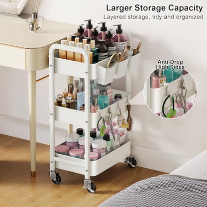 3 Tier Rolling Cart with Wheels, Metal Utility Storage Cart on Wheels, Craft Carts Organizer with Hanging Cups, Hooks, Three Tiered Rolling Carts for Bathroom, Laundry Room, Nursery, Office, White - color: White