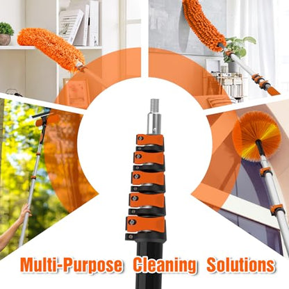 26FT Reach Duster Kit, Window Cleaning with 5-20FT Telescoping Extension Pole, High Ceiling Duster, Microfiber Feather Duster, Cobweb Duster, Window Squeegee, Feather Duster, Extendable Pole Kit - color: Orange, size: 20FT