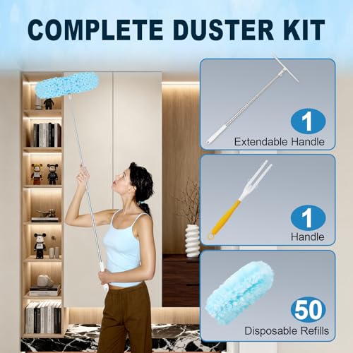 50Pcs Duster Refill Compatible with Swiffer Hand Duster +4FT Extended Handle +1 Handle, 360° Heavy Duty Duster Refills Kit for Cleaning, Office, Ceiling Fan, Baseboard & Blind - size: 50Pcs+2Handle