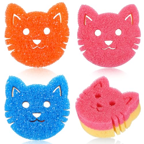 FillTouch 3 Pcs Dual Sided Scrub Sponge Multi Functional Cute Temperature Sensitive Non Scratch Dish Sponge for Washing Dishes Kitchen Bathroom (Cat,Pink, Orange, Royal Blue) - color: Pink, Orange, Royal Blue, style: Cat