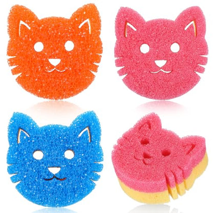 FillTouch 3 Pcs Dual Sided Scrub Sponge Multi Functional Cute Temperature Sensitive Non Scratch Dish Sponge for Washing Dishes Kitchen Bathroom (Cat,Pink, Orange, Royal Blue) - color: Pink, Orange, Royal Blue, style: Cat