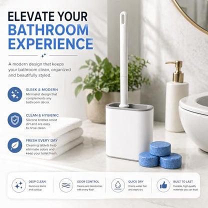 Silicone Toilet Brush and Holder Set with 3 Cleaning Tablets, Quick-Dry Base, Flexible Non-Scratch Bristles, Odor-Free Bathroom Toilet Bowl Cleaner Brush, Compact Space-Saving Design