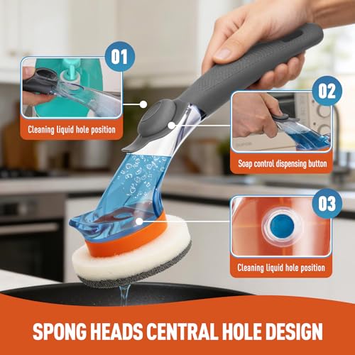 CLEANHOME Dish Wand with Soap Dispenser Scrubber Brush | With 6 Replaceable Magic Tape Sponge Pads for Cleaning Dishes, Kitchen Sink, Pots, Pans, Toilet & Bathtub