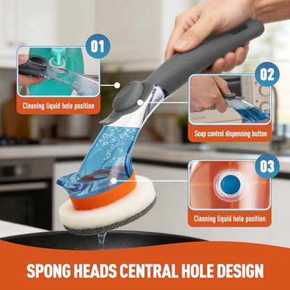 CLEANHOME Dish Wand with Soap Dispenser Scrubber Brush | With 6 Replaceable Magic Tape Sponge Pads for Cleaning Dishes, Kitchen Sink, Pots, Pans, Toilet & Bathtub