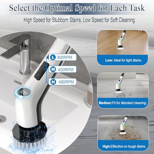 Electric Spin Scrubber Cordless,Lucklights Cleaning Brush Power Shower 7 Brush Heads 3 Speeds 120Mins Work Time Adjustable Extension Arm for Bathroom Tub Kitchen Floor Car