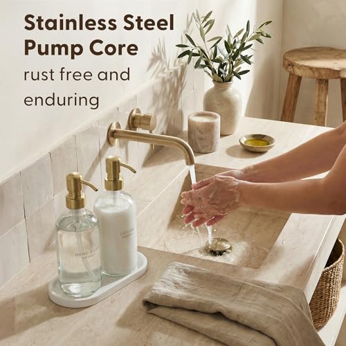 MaisoNovo Bathroom Soap Dispenser Set- Soap and Lotion Dispenser Set with Clear Soap Dispenser, Gold Pumps & Concrete Tray - color: Clear Bottles/ Golden Pumps/ White Concrete Tray