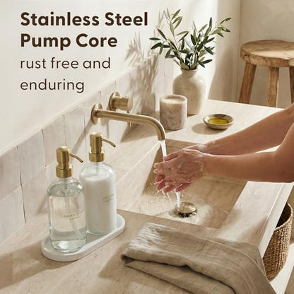 MaisoNovo Bathroom Soap Dispenser Set- Soap and Lotion Dispenser Set with Clear Soap Dispenser, Gold Pumps & Concrete Tray - color: Clear Bottles/ Golden Pumps/ White Concrete Tray