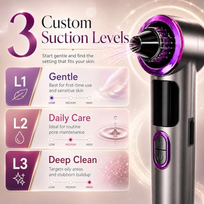 Heated Blackhead Remover Vacuum, Warm Compress Pore Vacuum Cleaner with 3 Suction Levels, LED Display, USB Rechargeable Facial Pore Cleaner Kit, 5 Heads and 4 Stainless Steel Tools