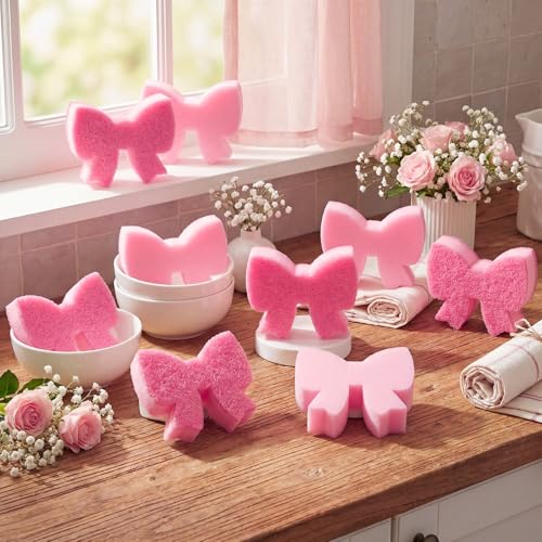 Tioncy 12 Pack Pink Bow Sponges Bulk Preppy Dual Sided Scrubber Stylish Pink Bow Sponges Reuseble Non Scratch Dishwashing Kitchen Cleaning Accessories for Cookware Pot Boiler Pan Household - style: Stylish Bow