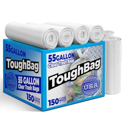 ToughBag 55 Gallon Clear Trash Bags (150 COUNT) – Large Clear Trash Bags 55-60 Gallon Heavy Duty Can Liners - Made in USA