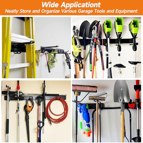 Garage Tool Organizer Wall Mount, Heavy Duty 48 Inches Garage Organization and Storage Racks for Yard Tools with 6 Hooks, Tool Hangers Holders for Hanging Folding Chair, Rake and Shovel - size: 48" Alloy Steel