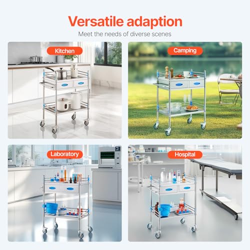 VEVOR Stainless Steel Utility Cart, 2 Layers with Two Lockable Wheels, Ideal for Laboratory, Hospital, Dental Use - size: 2-tier shelves with 2 drawer