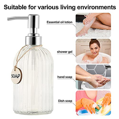 MOCLIF 16 OZ Soap Dispenser，Tempered Glass Clear Vertical Stripe with 304 Rust Proof Stainless Steel Pump Refillable Liquid Hand Soap Dispenser，for Bathroom, Kitchen, Dish Soap，Lotion (Clear) - color: White