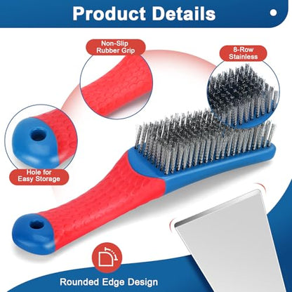 4-Pack Heavy Duty Wire Brush and Scraper Set, 3 Stainless Steel Scratch Brushes & 1 Metal Scraper for Aggressive Cleaning, Rust, Paint Removal, Grill, Kitchen, Auto, DIY with Non-Slip Handle