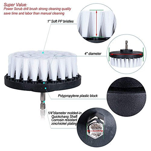 5 Piece 4 inch Drill Brush Soft Bristle White Quick Change Shaft Soft Bristle Power Scrubber Brush Set for Cleaning Car, Boat, Seat, Carpet, Upholstery and Shower Door
