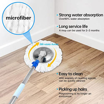 Spin Mop Bucket System, 360 Spin Floor Cleaning Mop Bucket with 3 Microfiber Replacement Head Refills Telescoping Handle for House Cleaning - color: Blue