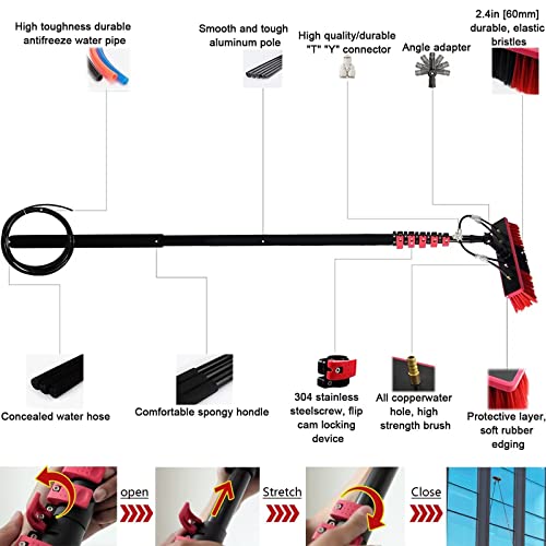 Telescopic Cleaning Brush, Telescopic Hydrocleaner, Up to 7.2 M, Water Powered, Cleaning Solar Panels, Window Cleaning Kit with Squeegee, Washing Trucks, Bus, Cars - color: 50cm Brush Head, size: 7.2m Rod