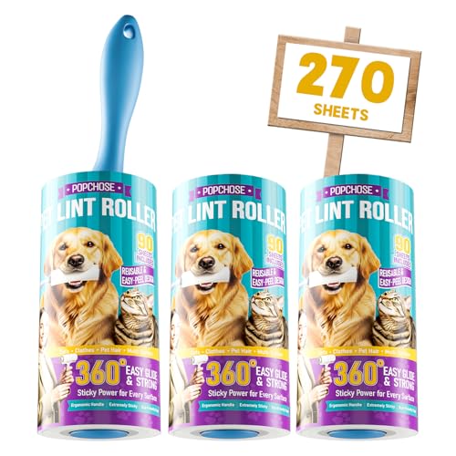 POPCHOSE Lint Rollers for Pet Hair Extra Sticky, 270 Sheet Extra Sticky Lint Rollers for Pet Hair, 1 Handles & 3 Sticky Rolls,Dog Cat Hair Remover for Clothes,Furniture,Couch,Lint Roller for Clothes - size: 270 Sheets