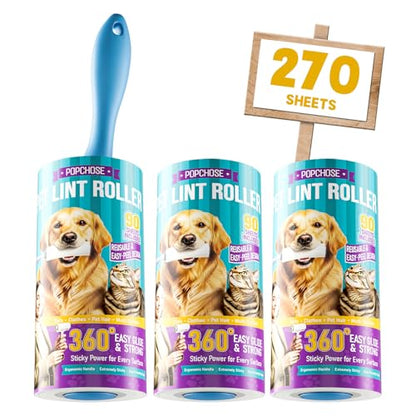 POPCHOSE Lint Rollers for Pet Hair Extra Sticky, 270 Sheet Extra Sticky Lint Rollers for Pet Hair, 1 Handles & 3 Sticky Rolls,Dog Cat Hair Remover for Clothes,Furniture,Couch,Lint Roller for Clothes - size: 270 Sheets