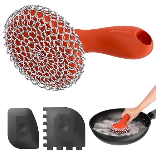 SUBEKYU Cast Iron Scrubber with Silicone Handle, Stainless Steel Skillet Cleaner for Cast Iron Pans (Red Scrubber + Scraper) - color: Red Scrubber + Scraper