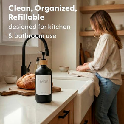 MaisoNovo Glass Hand Soap Dispenser | Dish Soap Dispenser for Kitchen | 16.9oz Black Bottles with Black Bamboo Pump | Bathroom Lotion Dispenser - color: Single Black Bottle/Black Bamboo Pump