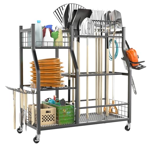 TORACK Garden Tool Organizer with Wheels, Rakes Shovels Yard Tools Stand for Garage, Shed, Garden, Indoor/Outdoor Long-Handled Tools Cart - style: Tool Stand with Extra Shelves