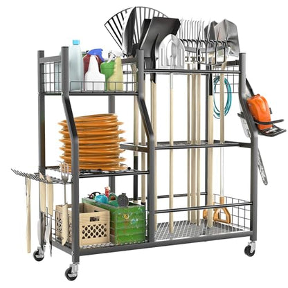 TORACK Garden Tool Organizer with Wheels, Rakes Shovels Yard Tools Stand for Garage, Shed, Garden, Indoor/Outdoor Long-Handled Tools Cart - style: Tool Stand with Extra Shelves