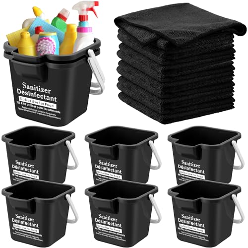 Vesici 6 Sets 3 Quart Cleaning Bucket with Microfiber Cleaning Cloths Small Sanitizing Square Bucket Detergent Plastic Utility Pail with Handle for Household Restaurant Office School Use (Black) - color: Black